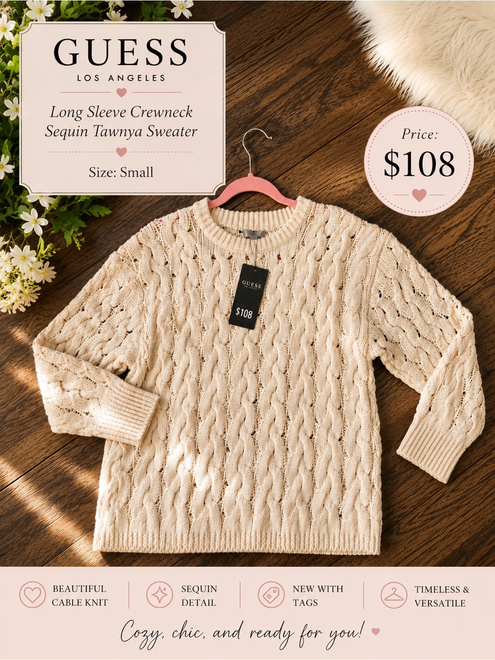 GUESS Tawnya Sequin Cable-Knit Crewneck Sweater in Cream